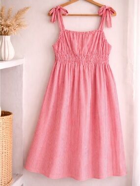 Lands’ End 2X Red White Striped 100% Cotton Dress Tie Strap Summer Americana